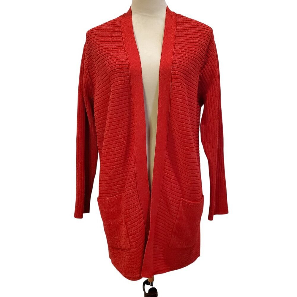 J JILL SZ M Womens Red Cotton Blend Ribbed Knit Open Front Long Cardigan Sweater